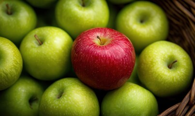 A single red apple amongst many green apples in a basket