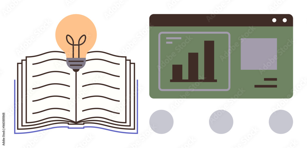 Poster open book with glowing light bulb above, green analytics dashboard showing bar graph. ideal for educ