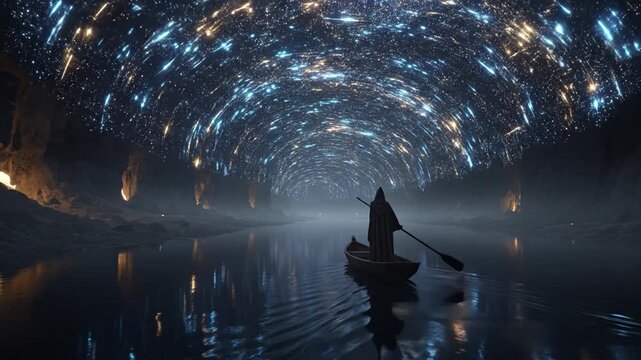 A lone figure on a boat journey through a magical cave with a ceiling of glowing galaxy crystals.