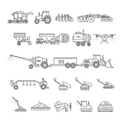 Outline illustrations of various agricultural machinery and equipment, showcasing different farm tools and vehicles.