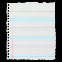 Folha de caderno escolar em branco destacado com pauta e linhas azuis sobre fundo preto