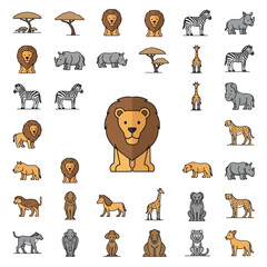 Fototapeta premium African savanna animals illustrated in a simple, linear style; a central lion surrounded by zebras, giraffes, rhinos.
