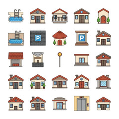 Collection of various house and building icons, including pools and parking.