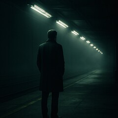 Creepy Cinematic Image of a Lone Man Standing on an Empty Train Platform at Night with Flickering Lights