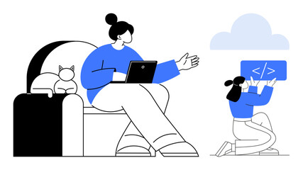 Woman sitting on couch working on laptop, cat resting beside her, child engaging with coding interface under cloud. Ideal for remote work, coding, learning, parenting, multitasking, technology