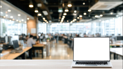 Modern workspace with open layout and blank laptop on wooden desk during daytime