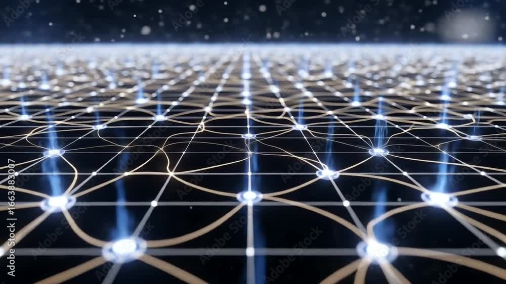 Aufkleber a complex network of interconnected nodes, illuminated by glowing points, spanning a vast grid.