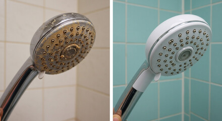 Before and after comparison of a shower head showing cleaning and maintenance differences clearly visible