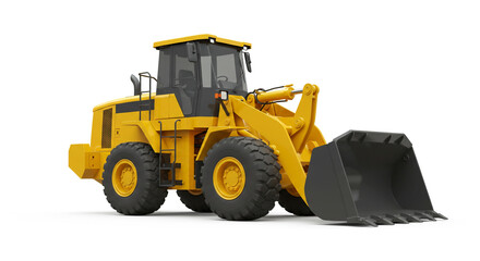 A yellow wheel loader with a black bucket is positioned on a white background in a studio setting