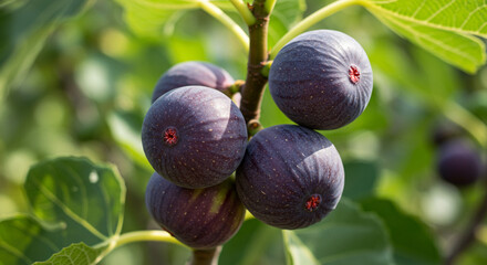 A close up of several ripe figs growing on a branch with green leaves in the background on a sunny day