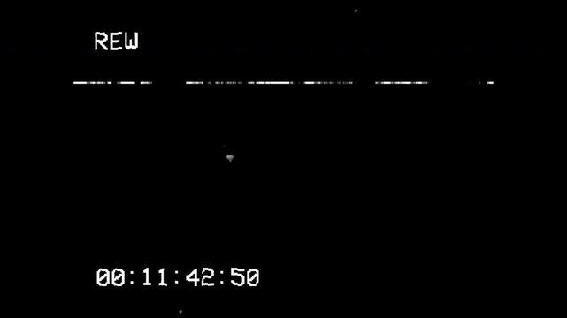 VHS tape rewind with Distorted Signal Glitch. Retro vintage background for modern videos. animation VHS video tape rewind screen on black background. rew VHS with Screen Distortion Noise.