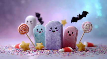 Sweet treats and spooky delights. A festive composition featuring a whimsical arrangement of candy, a ghost, and bats perfect for the halloween season