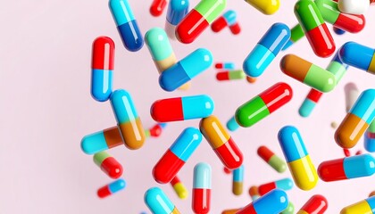 Vibrant colorful capsules float in the air against a soft pink backdrop.