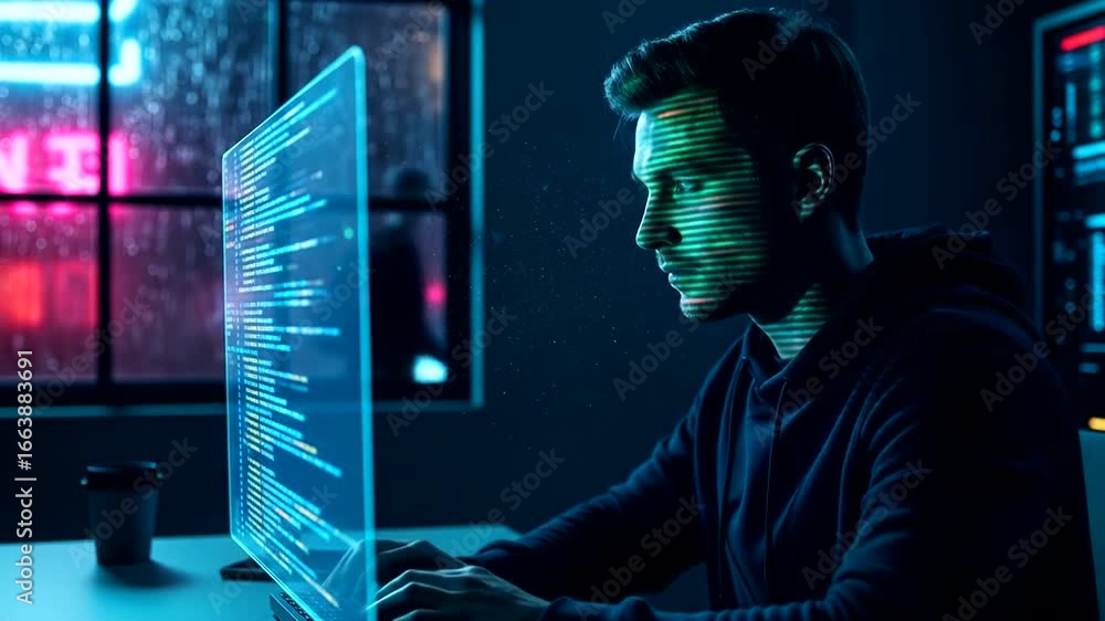 Aufkleber a focused individual immersed in coding, illuminated by vibrant digital data projected on their face