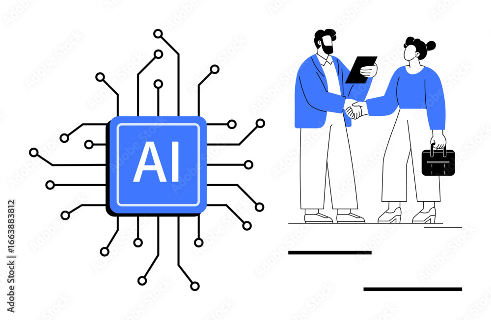 Poster ai microchip surrounded by circuit lines. two professionals handshake, discussing technology. ideal 