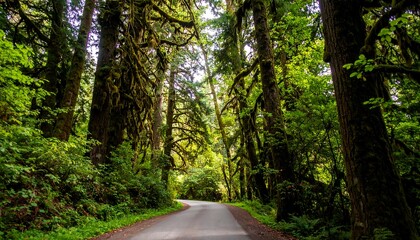 Fototapeta premium Lush green forest road winding through towering trees covered in moss, showcasing a tranquil, natural scene.