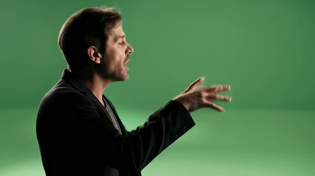 A man gestures emphatically while speaking, silhouetted against a vibrant green backdrop.