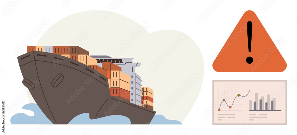 Poster cargo ship carrying multiple containers, warning triangle, and bar graph with data trends. ideal for