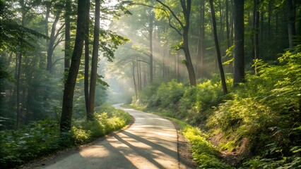 Obraz premium A winding road cutting through a dense forest with sunlight streaming through trees