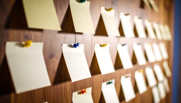 A wooden wall displays numerous blank sticky notes, each affixed with colorful pushpins, creating a visual representation of organization and planning.