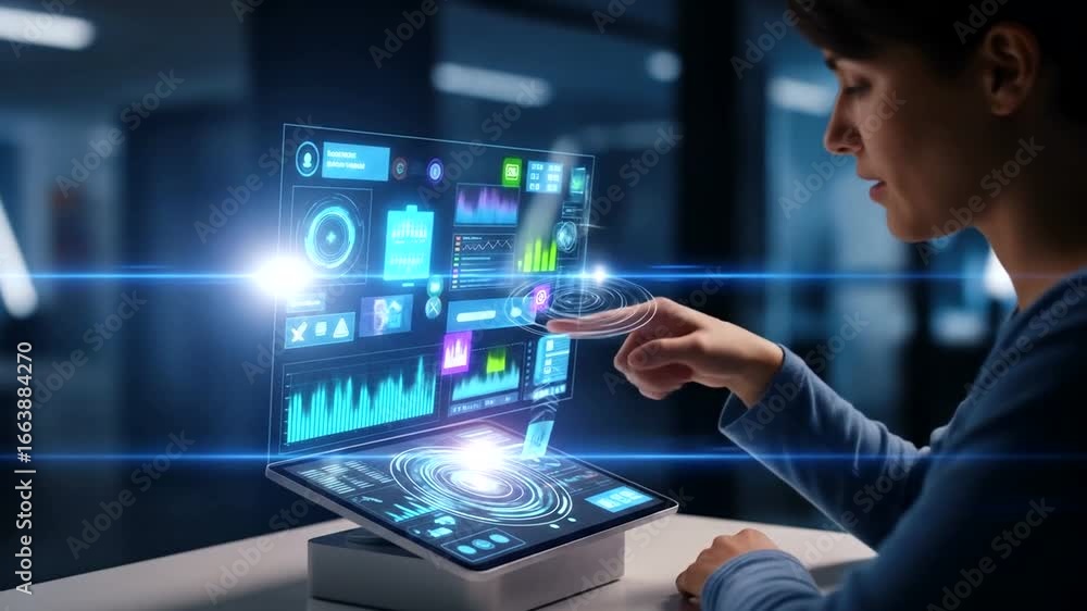 Aufkleber a woman interacts with a futuristic digital tablet displaying holographic data visualizations in a m