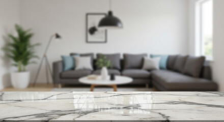 A blurry living room with a marble countertop in the foreground and a gray couch in the background