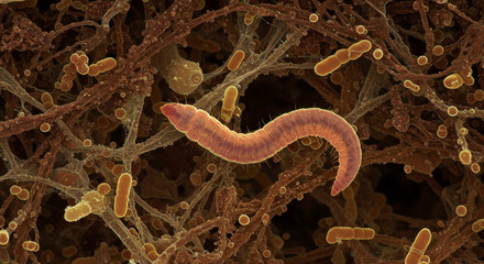 Close up of a worm crawling on a brown surface with small round and rod shaped particles scattered around