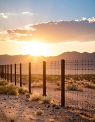 Golden sunset over a desert fence line