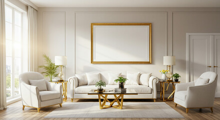 Fototapeta premium A luxurious living room with white furniture, a gold frame, and ample natural light shining through windows