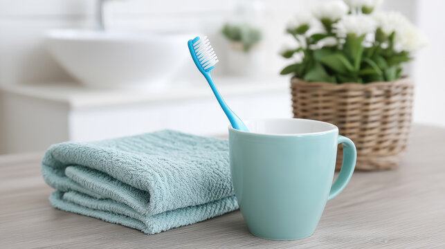 Morning routine with a toothbrush and towel in a fresh bathroom setting - Powered by Adobe