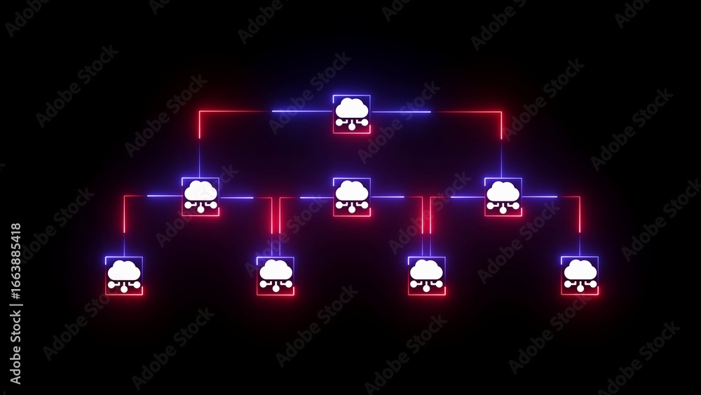 Poster dual neon red and blue cloud network diagram with data flow connections cloud computing technology