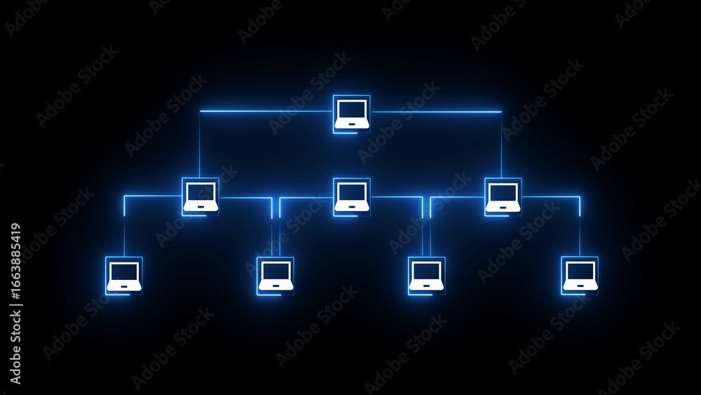 Poster digital network structure with laptops connected by blue neon lines on black background technology c