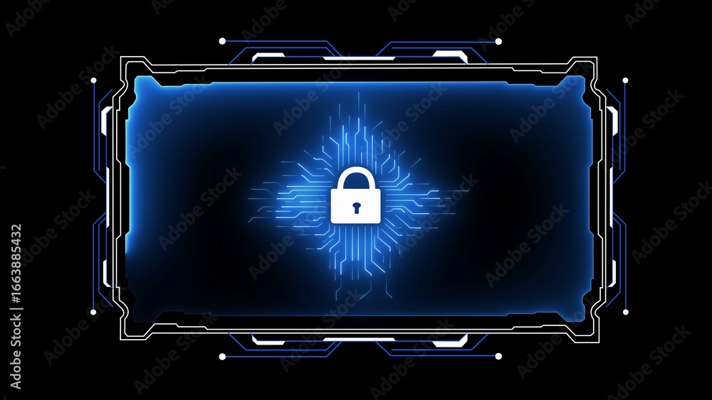 Poster futuristic blue interface with digital lock and circuitry on black background security padlock