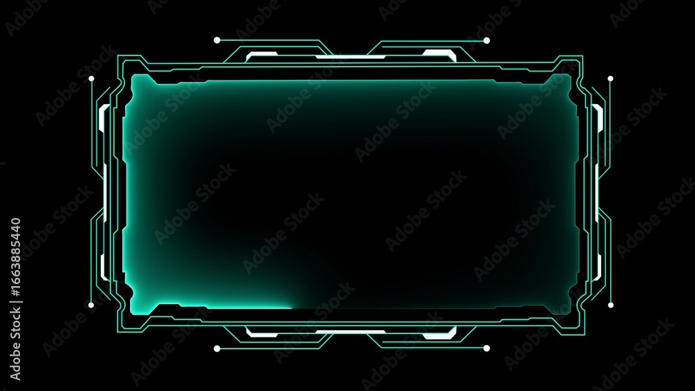 Poster futuristic holographic display frame with cyan glowing border and blank screen image photo