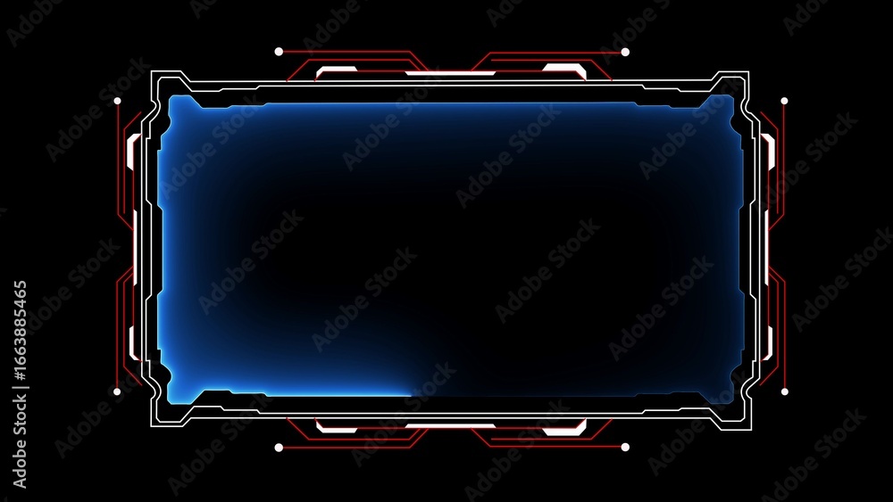 Poster futuristic hud frame with blue glowing screen and red circuitry on black background interface techno