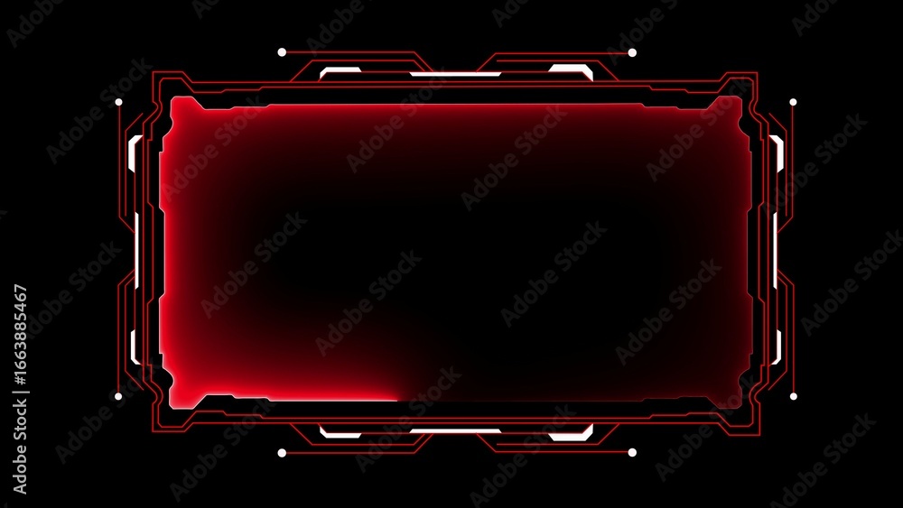 Poster futuristic hud frame with red glowing screen and red circuitry on black background interface technol