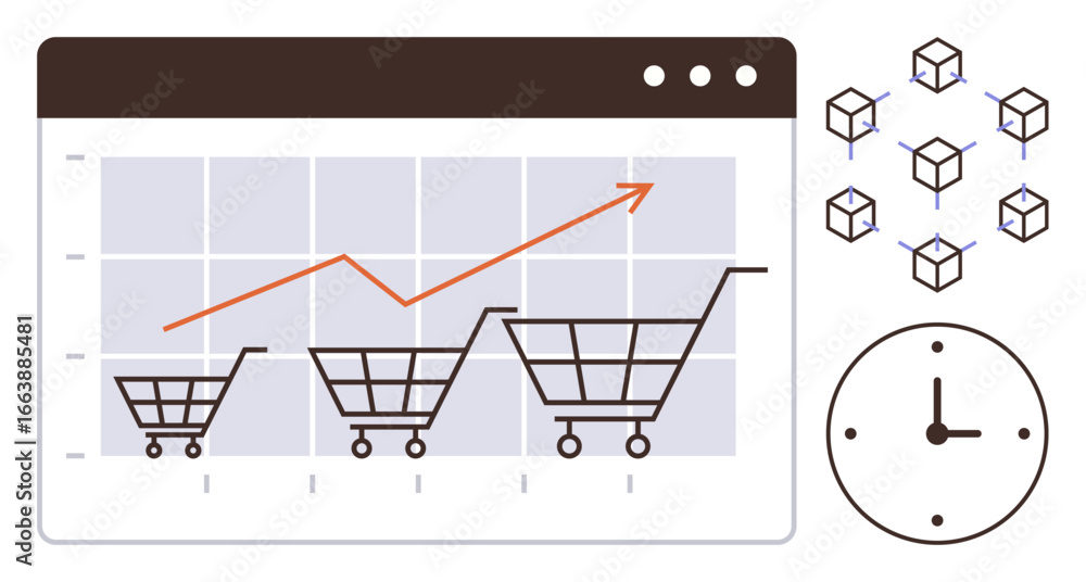 Poster shopping carts increase in size below a rising graph line on a browser, highlighting sales growth. n