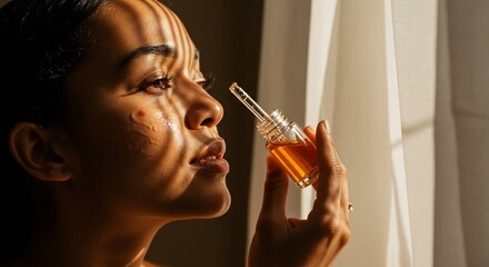 Fototapeta premium A woman holds a skincare serum bottle Light and shadow play across her face She has blemishes