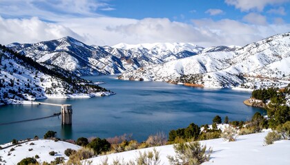 Majestic winter landscape showcasing snow-capped mountains reflecting on the lake