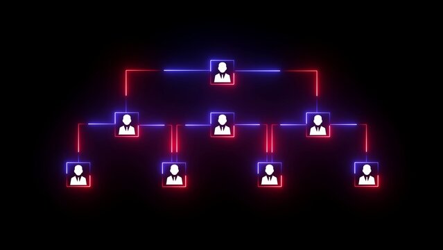 Dual Neon Red and Blue Digital Organizational Chart with Human Icons organization chart hierarchy
