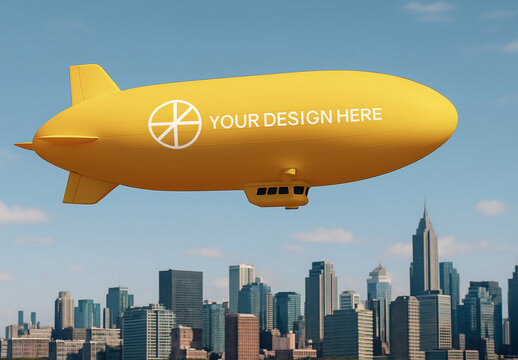 Yellow Blimp Advertising Mockup Over City Skyline