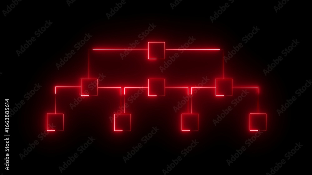 Poster neon red glowing organizational chart diagram with interconnected squares on a black background orga
