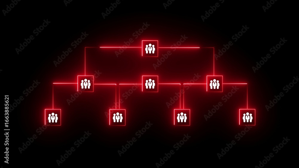 Poster neon red organizational chart with people icons in squares connected by lines on black background hi