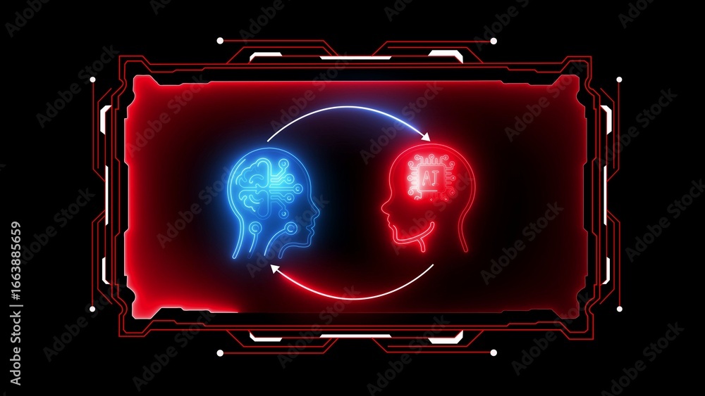 Poster red glowing ai interface with human head profiles and circular arrows against a dark background arti