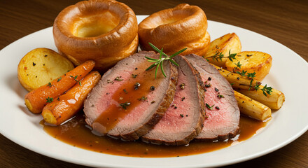 A plate of roast beef with yorkshire puddings, carrots, and potatoes in a brown sauce on a white plate