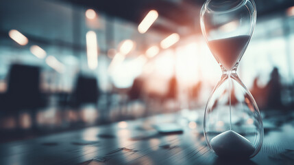 Hourglass symbolizing time and urgency in a modern office setting