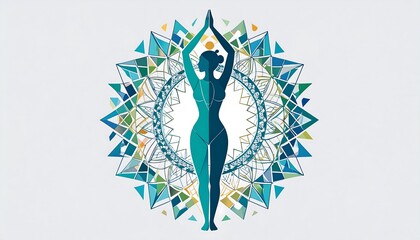 A stylized silhouette of a woman in a yoga pose, encircled by a vibrant mandala of geometric shapes and colors, creates a serene and spiritual image.
