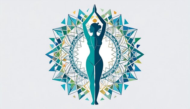 A stylized silhouette of a woman in a yoga pose, encircled by a vibrant mandala of geometric shapes and colors, creates a serene and spiritual image.