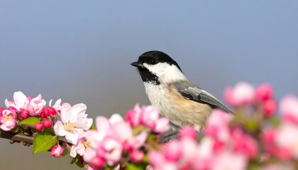Obraz premium A charming chickadee perched amidst a vibrant display of spring blossoms.