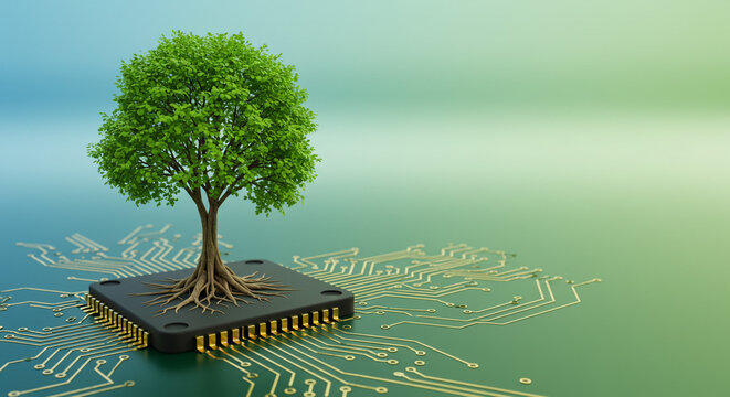 A tree growing out of a computer chip on a circuit board with a green and blue gradient background - Powered by Adobe